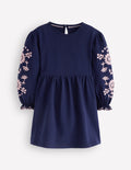 Embroidered Sleeve Dress-Denim Blue