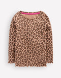 Ribbed Long Sleeve T-shirt-Milk Chocolate Brown leopard