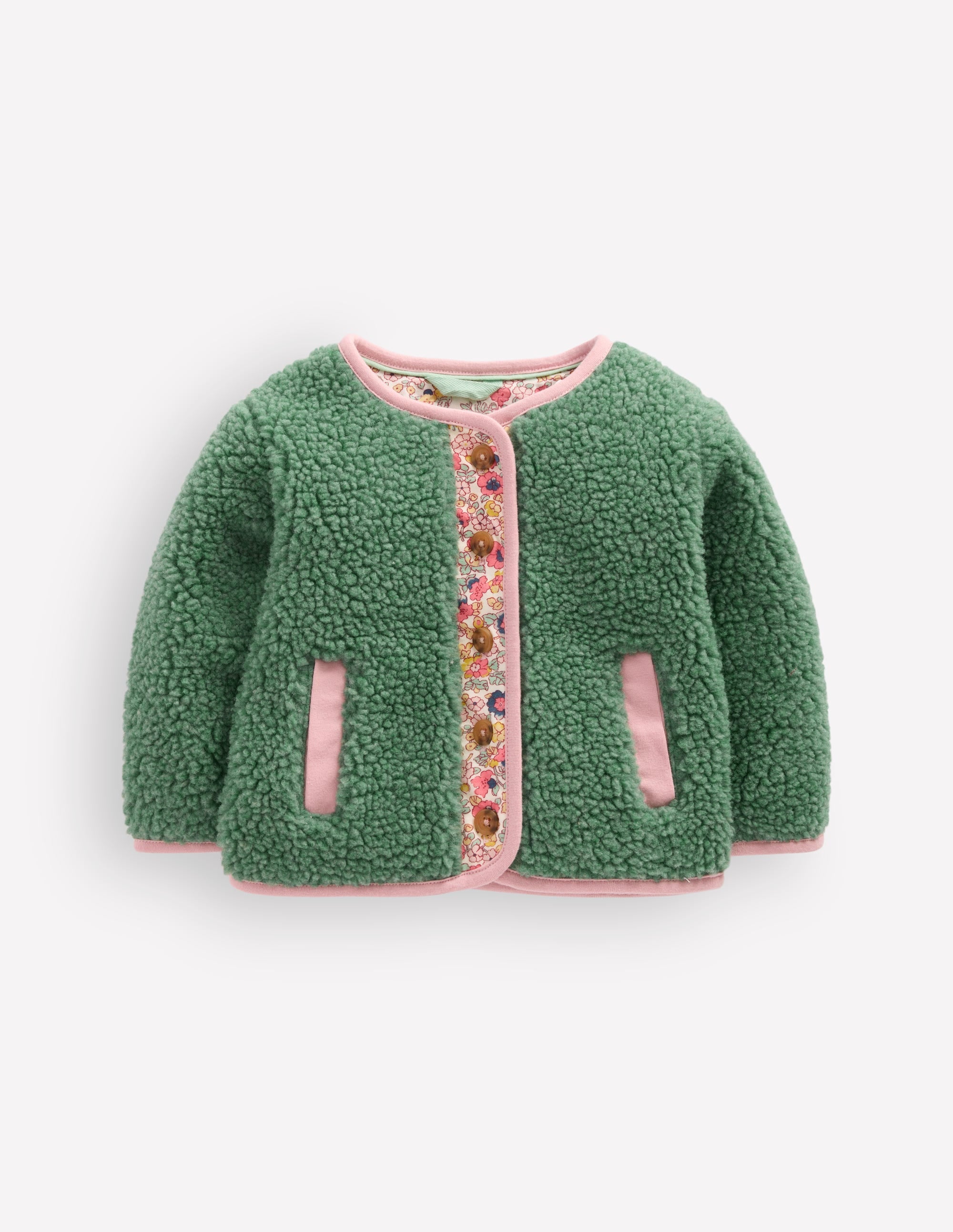 Cosy Borg Button-Down Jacket-Larch Green Floral
