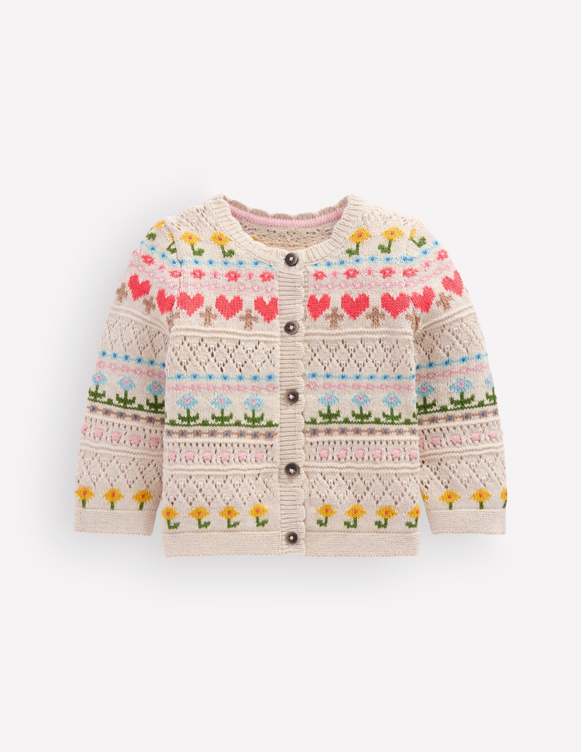 Cotton Fair Isle Cardigan-Oatmeal Marl Multi Flowers