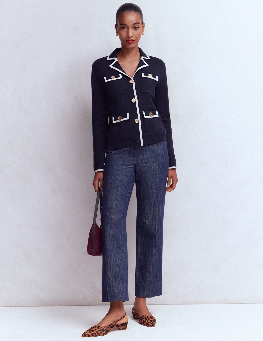 Phoebe Collared Knitted Jacket-Navy