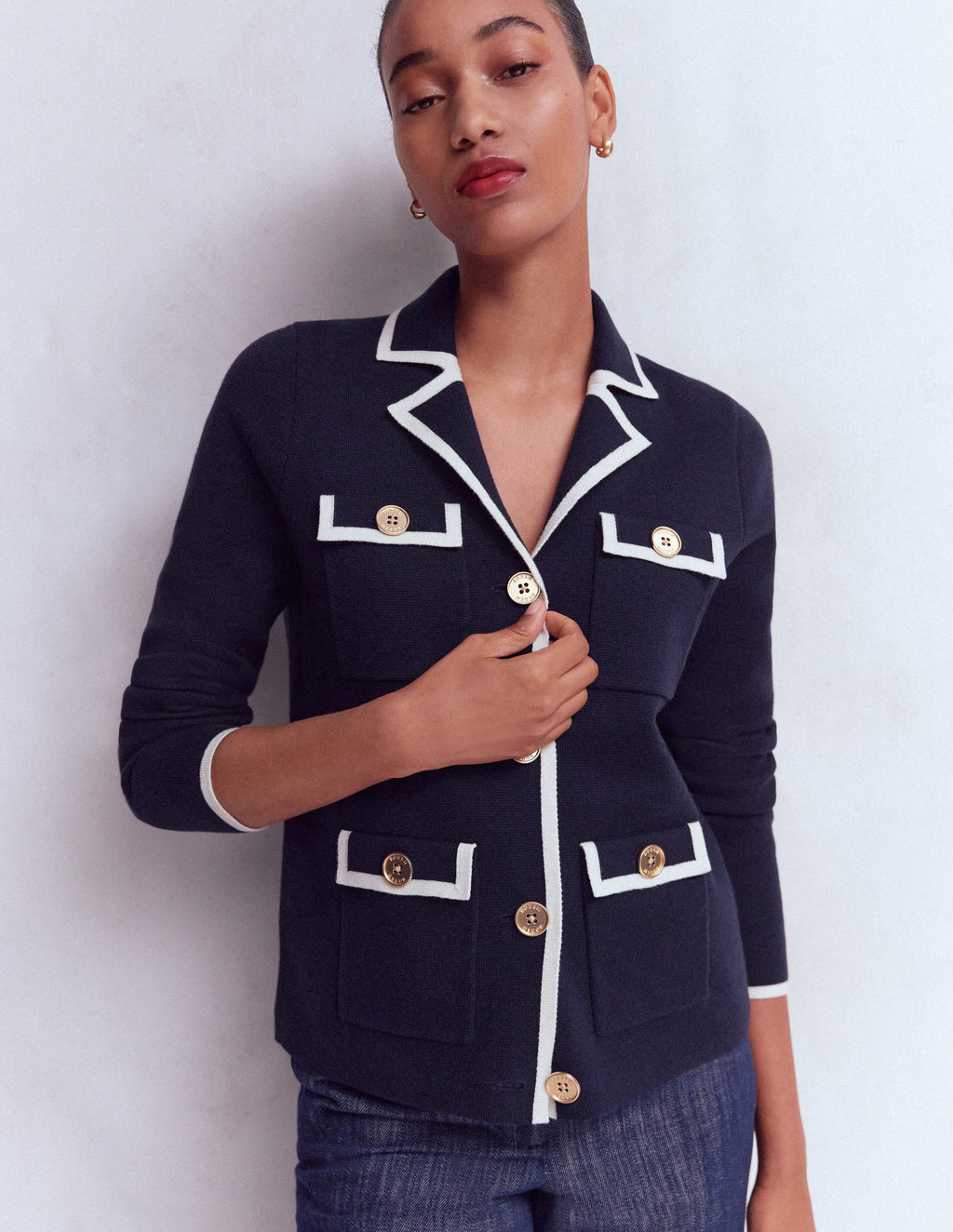 Phoebe Collared Knitted Jacket-Navy