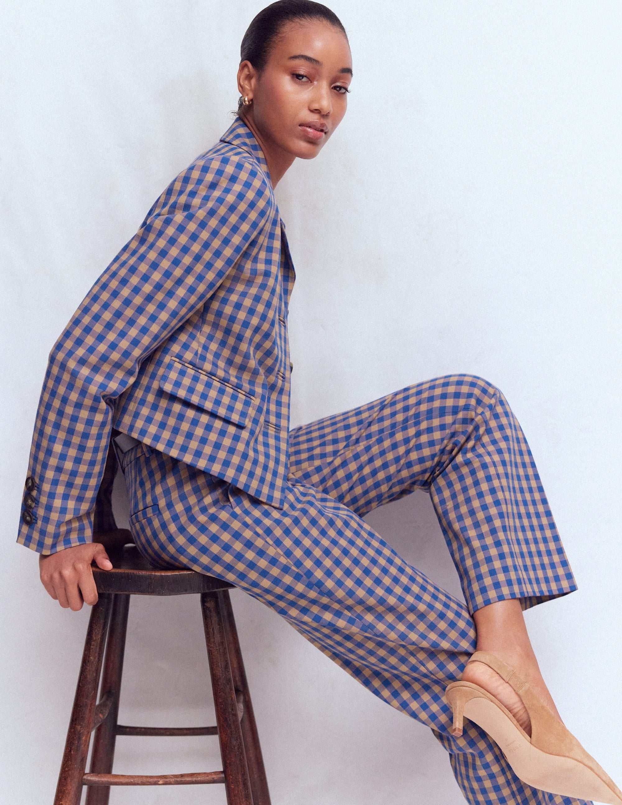 Canonbury 7/8 Pants-Camel, Blue Gingham