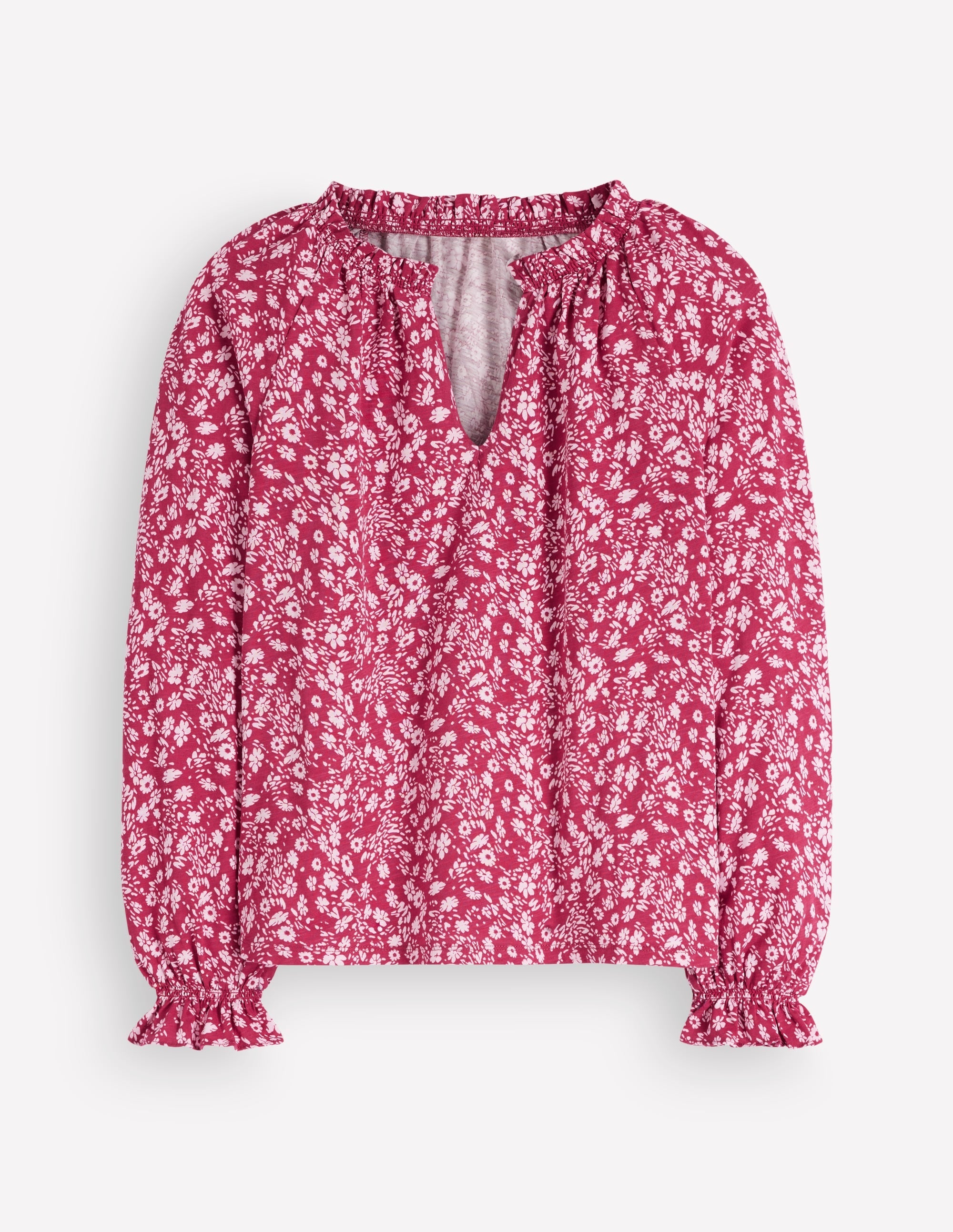 Pia Ruffle Detail Top-Red Bud, Scattered Flora