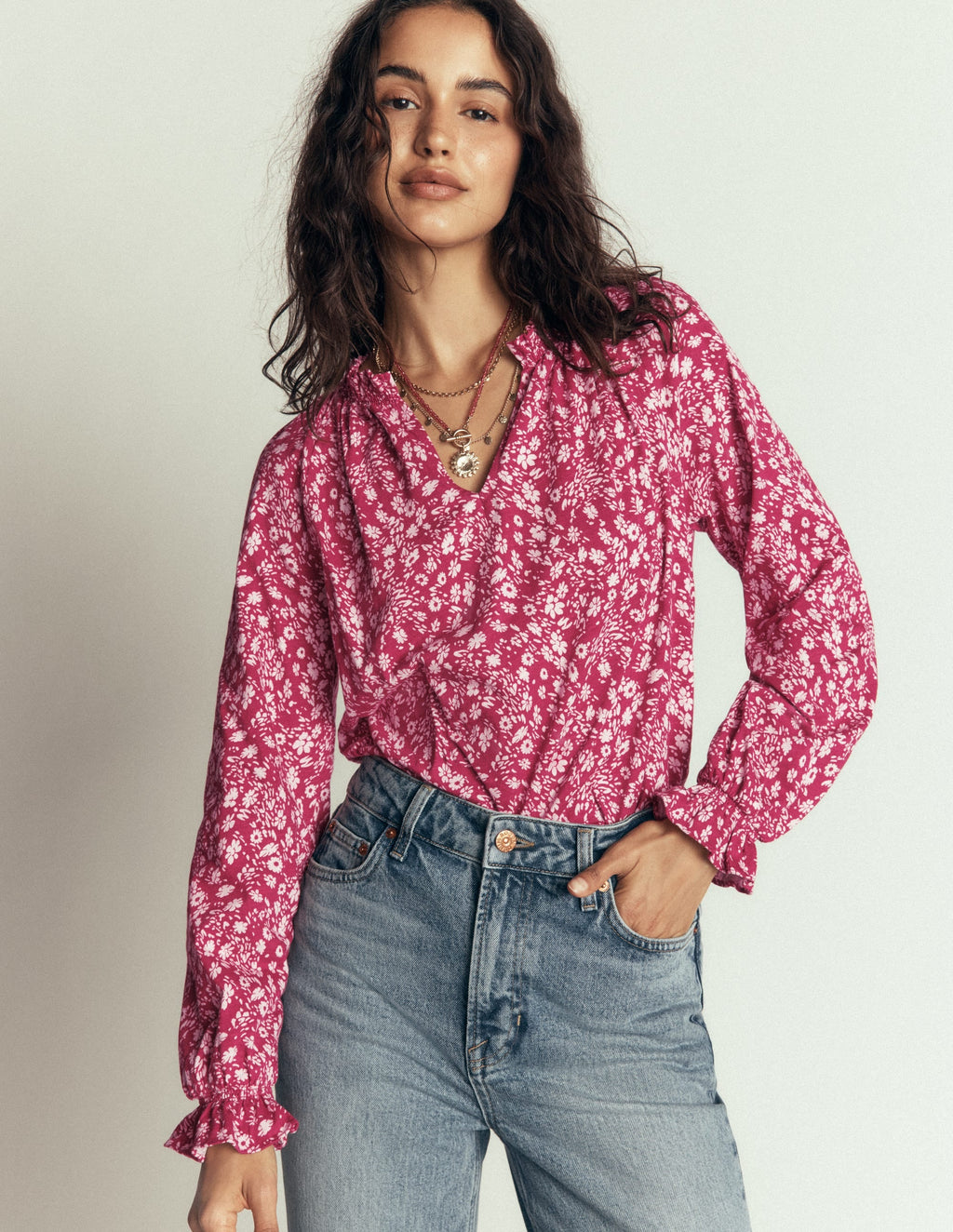 Pia Ruffle Detail Top-Red Bud, Scattered Flora