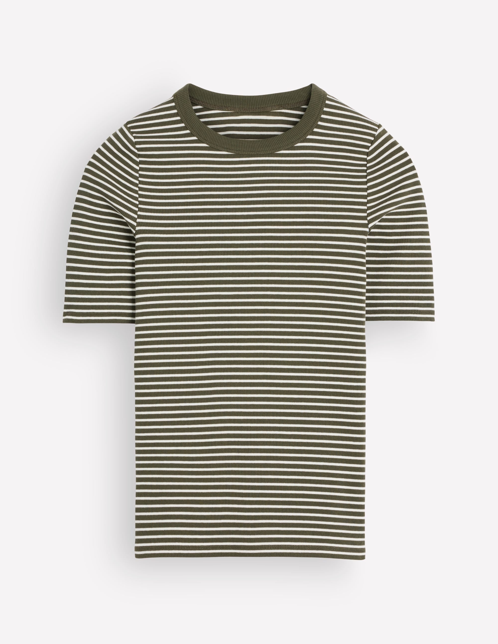 Ribbed Cotton T-Shirt-Falcon Green and Ivory Stripe