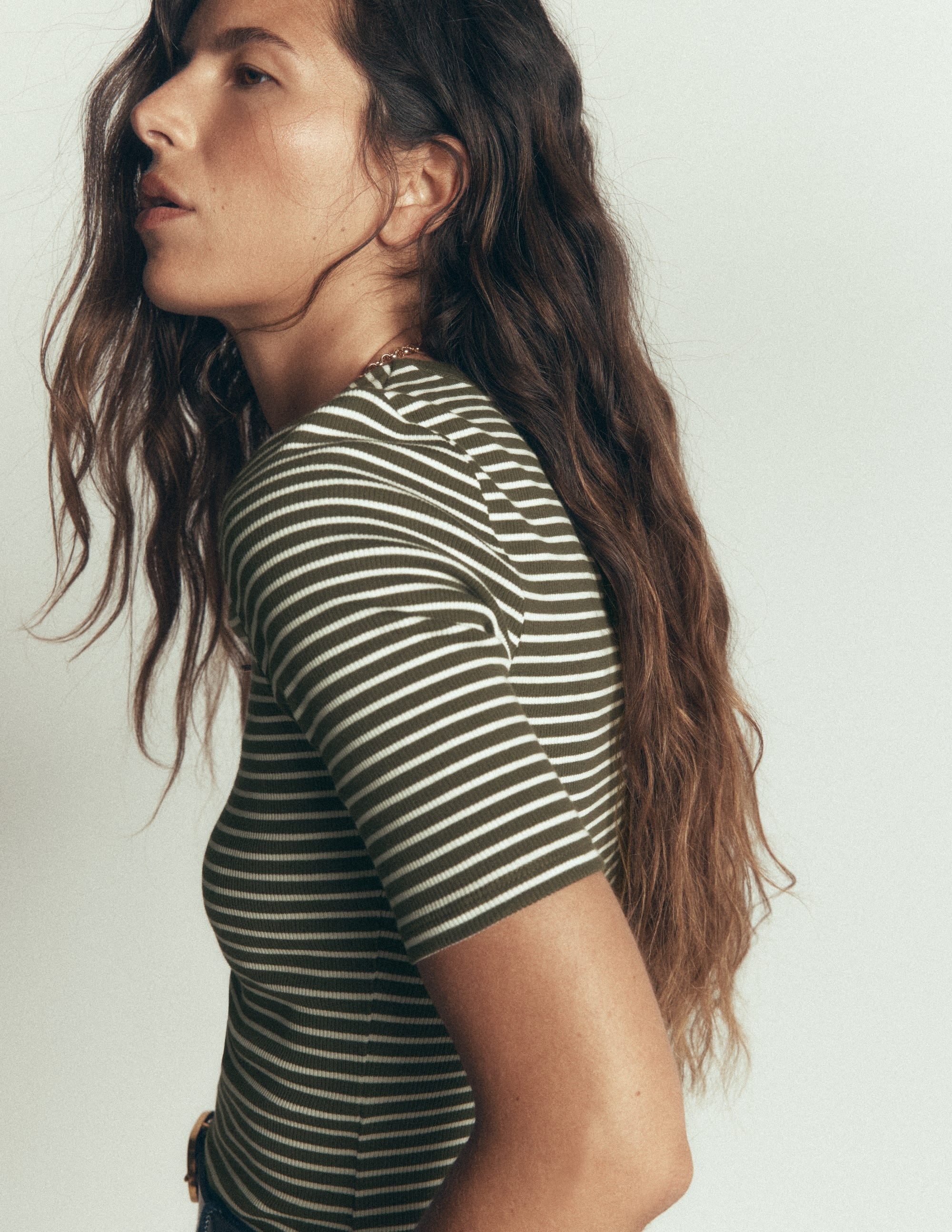 Ribbed Cotton T-Shirt-Falcon Green and Ivory Stripe