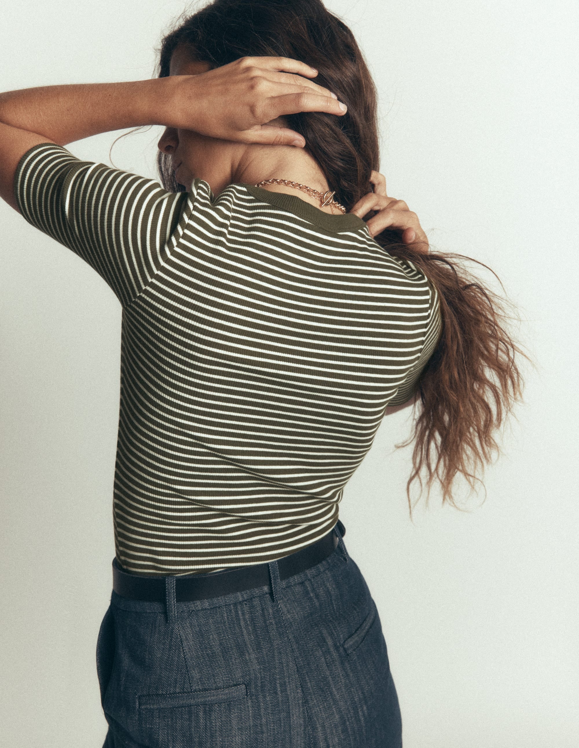 Ribbed Cotton T-Shirt-Falcon Green and Ivory Stripe