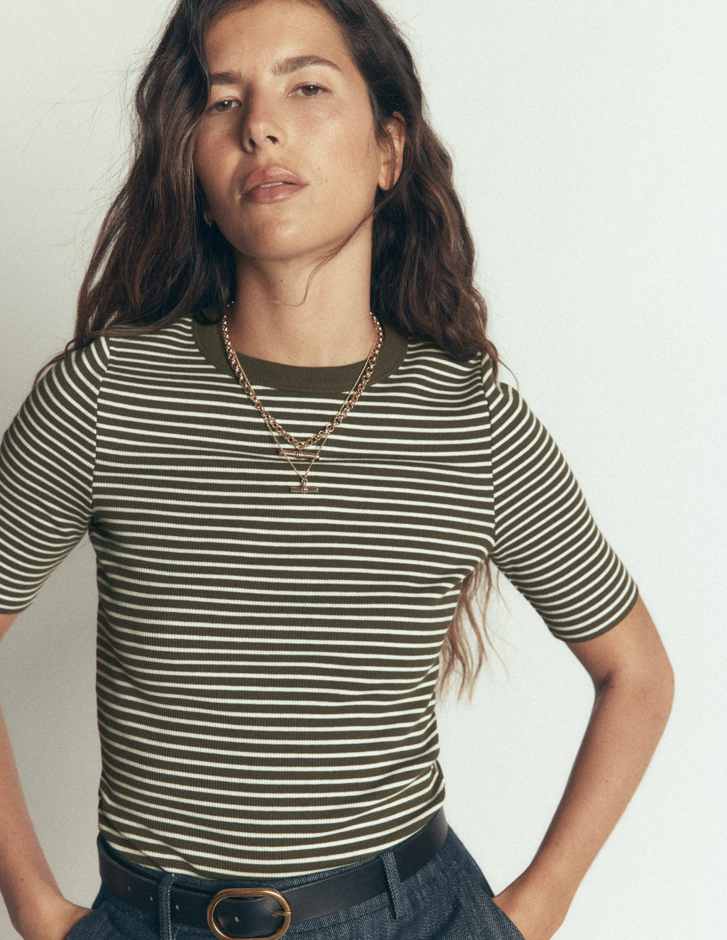 Ribbed Cotton T-Shirt-Falcon Green and Ivory Stripe