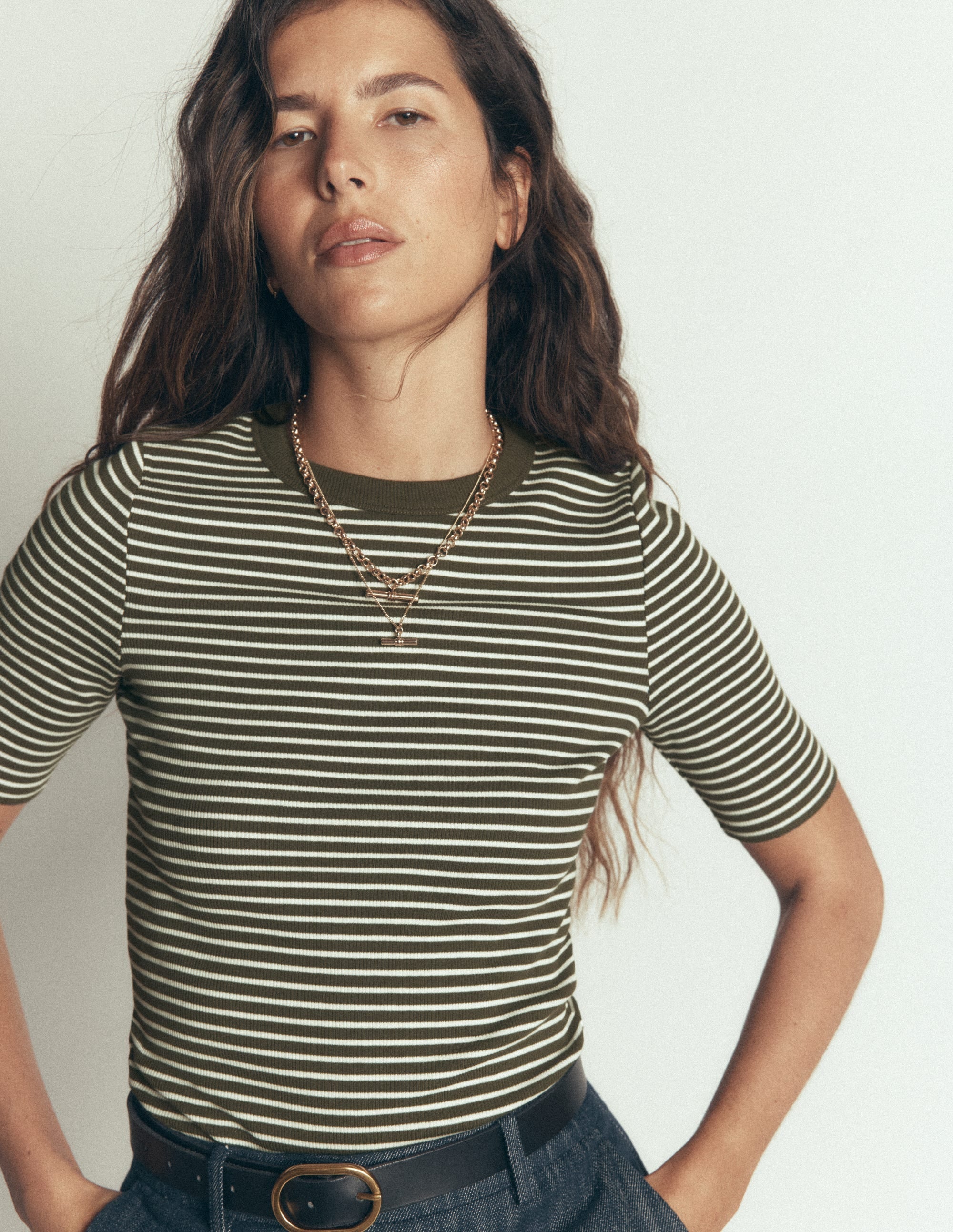 Ribbed Cotton T-Shirt-Falcon Green and Ivory Stripe