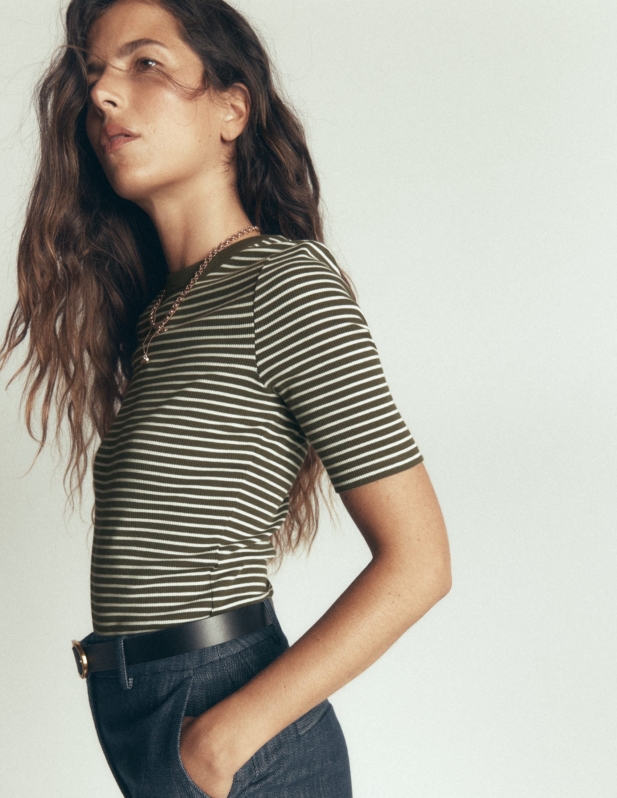 Ribbed Cotton T-Shirt-Falcon Green and Ivory Stripe