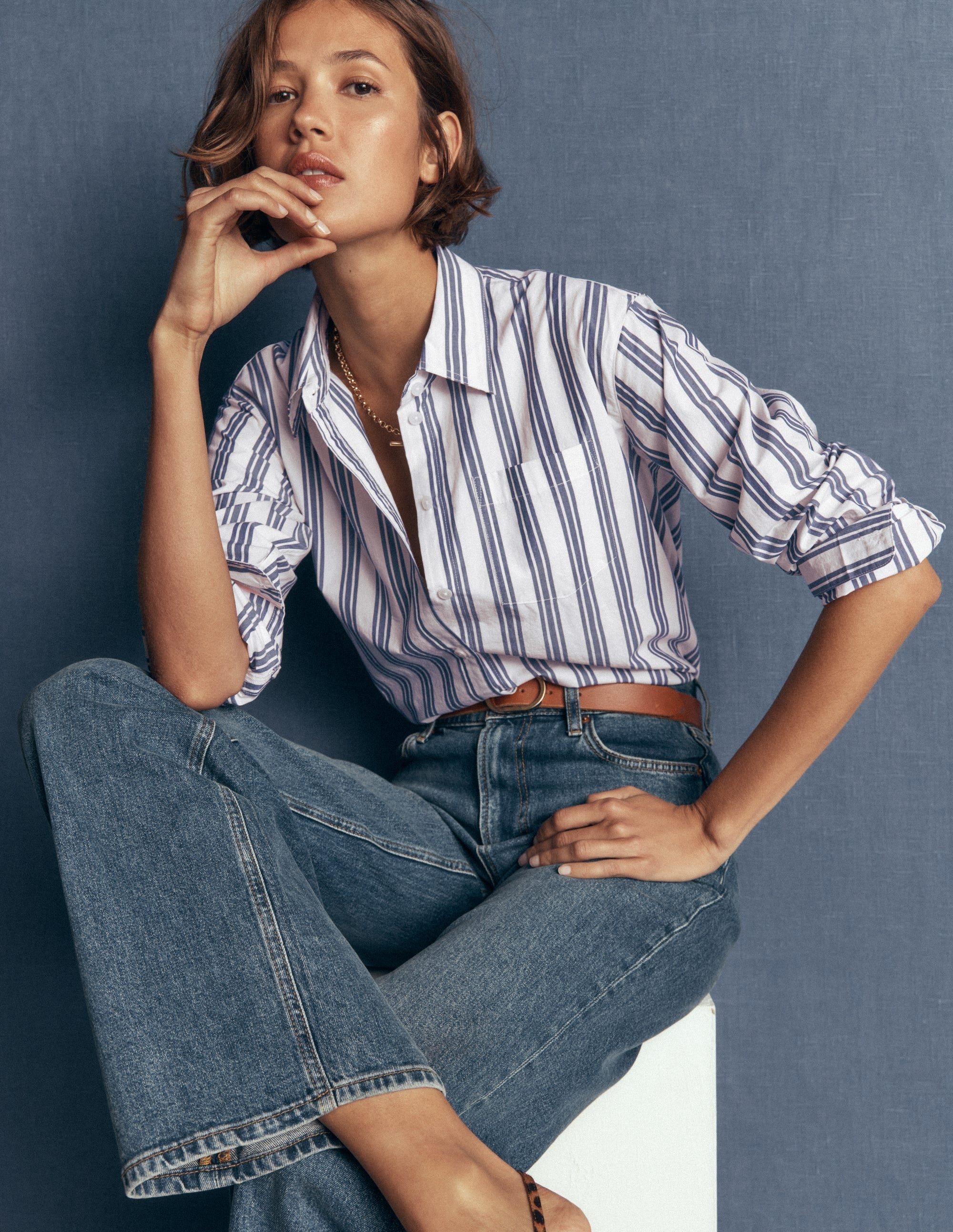 Sienna Relaxed Cotton Shirt-Navy Wide Stripe